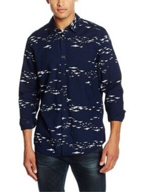 G-Star Raw Dark Blue Denim Cotton Shirt with Light Gray Abstract Print Sz M